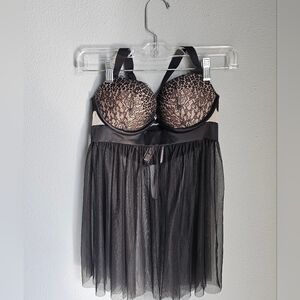 Victoria Secret Push Up Sheer Eyelash Lace Black Babydoll Lingerie NWT 34C